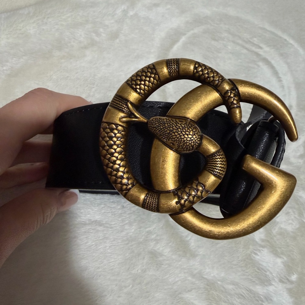 Elegant Black Belt with Gold Snake Buckle